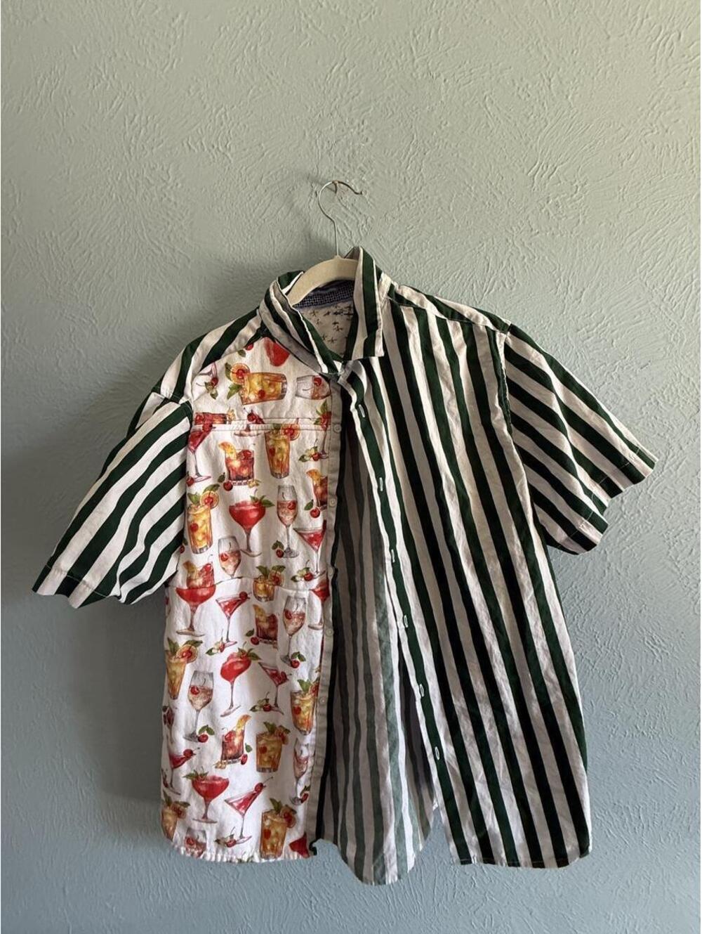 Handmade mens short sleeve button down green white stripe  vintage towel drinks